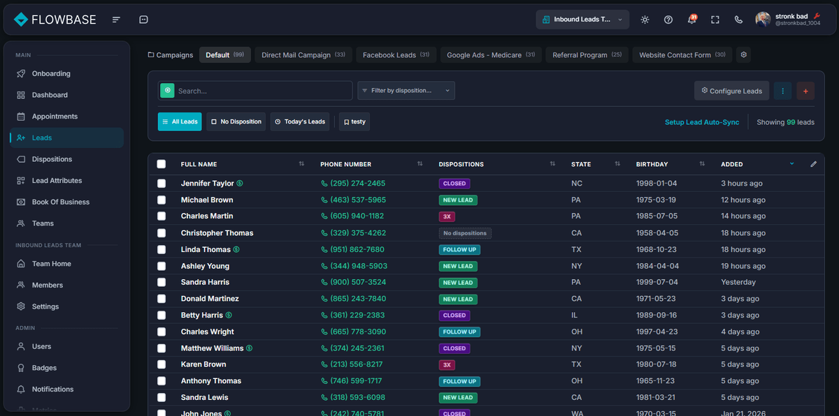 Lead management with filtering and dispositions