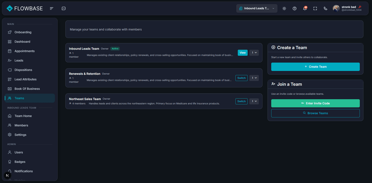 Team management with multiple teams
